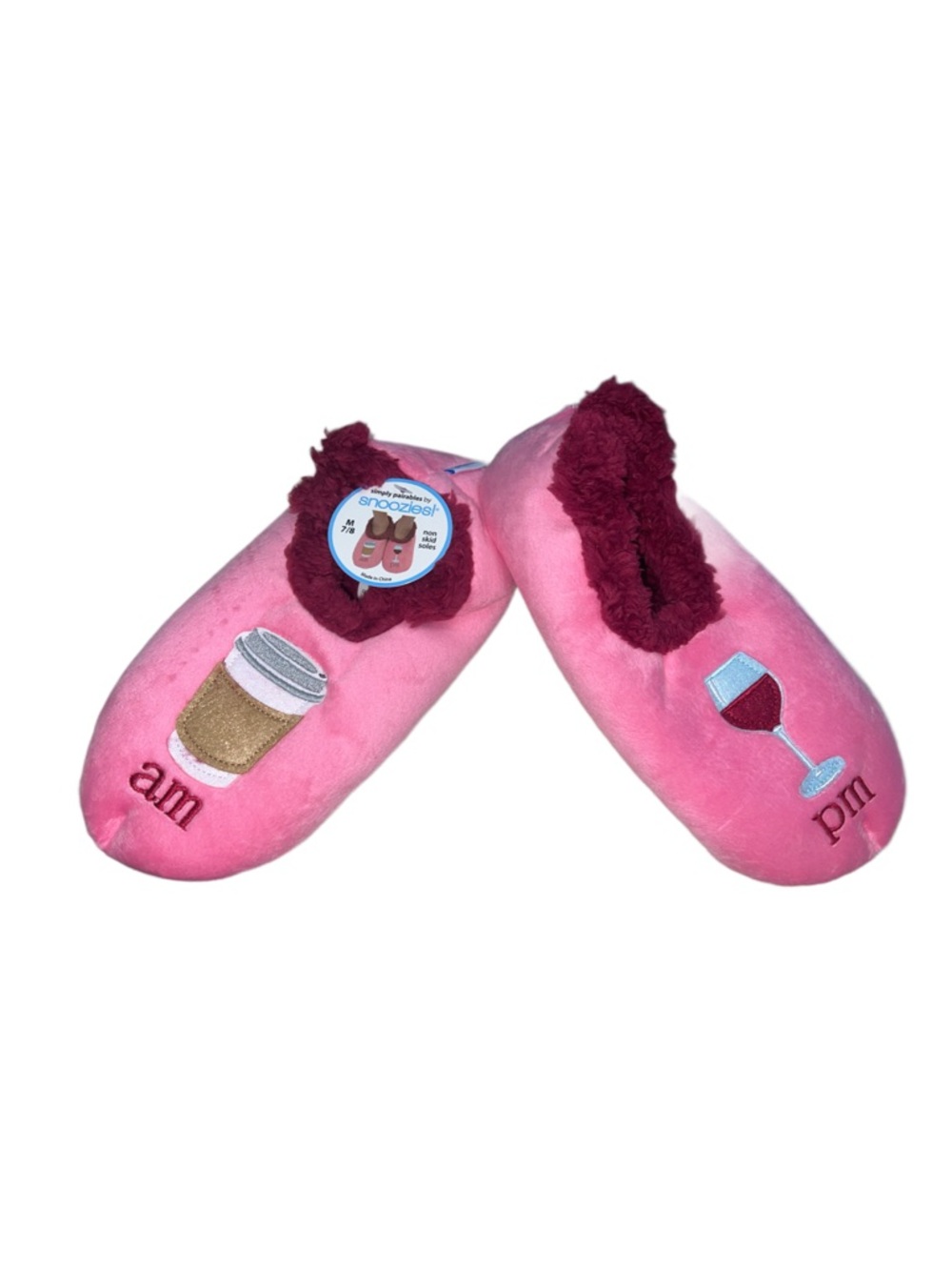 Snoozies! Cozy Plush Pink Comfort Grip Slippers Sz M 7/8 AM/PM Coffee Wine Theme